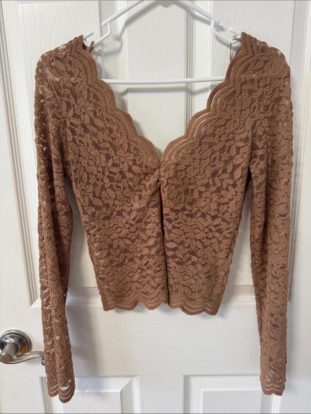 Zara Brown Scalloped Lace Long-Sleeve V-Neck Top